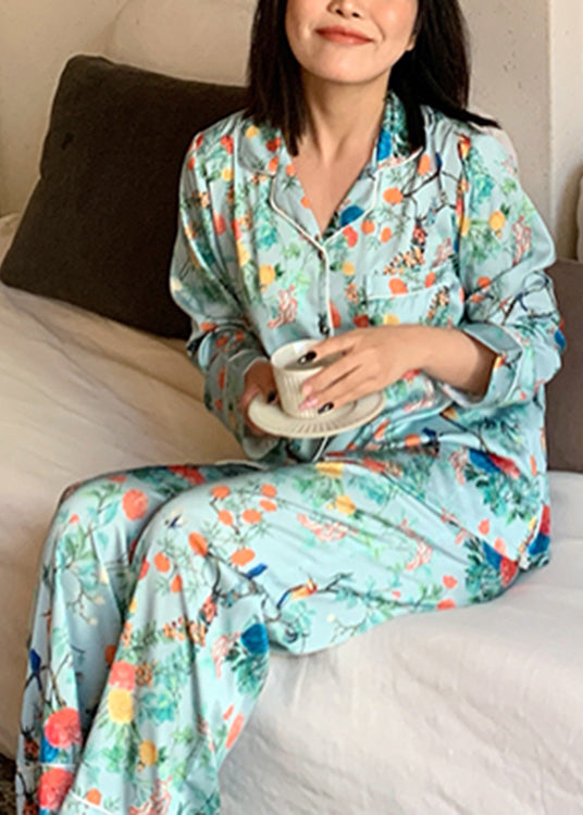 Art Green Notched Print Button Ice Silk Pajamas Two Pieces Set Long Sleeve LY1881