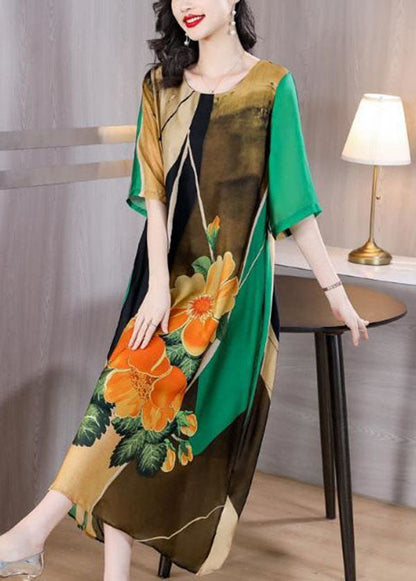 Art Green O Neck Print Patchwork Silk Dress Summer TI1040