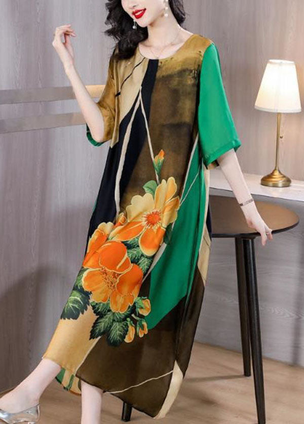 Art Green O Neck Print Patchwork Silk Dress Summer TI1040