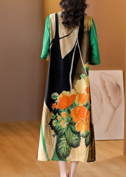 Art Green O Neck Print Patchwork Silk Dress Summer TI1040