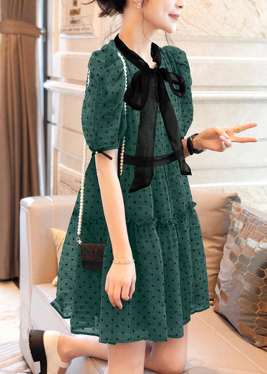 Art Green O-Neck Ruffled Dot Patchwork Bow Chiffon Mid Dress Puff Sleeve TI1038