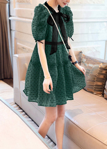 Art Green O-Neck Ruffled Dot Patchwork Bow Chiffon Mid Dress Puff Sleeve TI1038