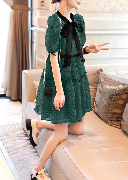 Art Green O-Neck Ruffled Dot Patchwork Bow Chiffon Mid Dress Puff Sleeve TI1038