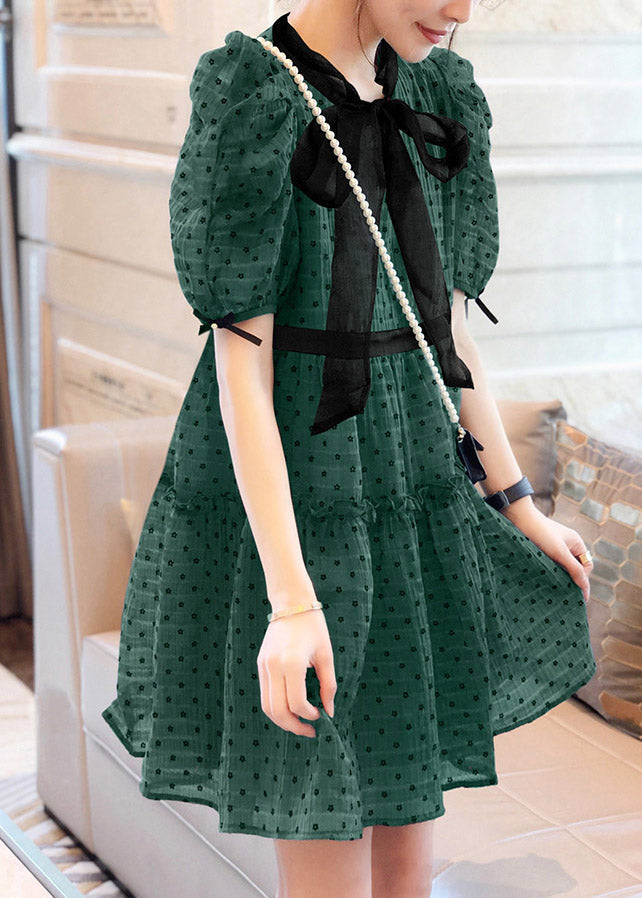 Art Green O-Neck Ruffled Dot Patchwork Bow Chiffon Mid Dress Puff Sleeve TI1038