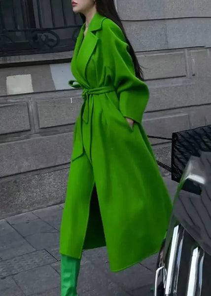 Art Green Peter Pan Collar Tie Waist Patchwork Woolen Coat Winter Ada Fashion