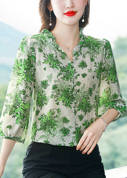 Art Green Ruffled Patchwork Print Chiffon Shirt Top Summer LY0473