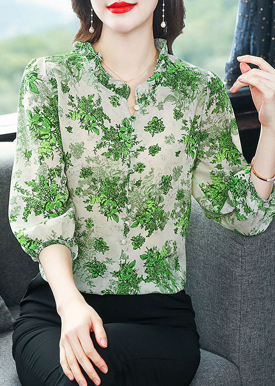 Art Green Ruffled Patchwork Print Chiffon Shirt Top Summer LY0473