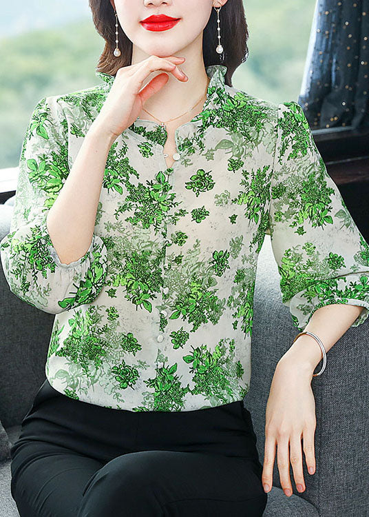 Art Green Ruffled Patchwork Print Chiffon Shirt Top Summer LY0473