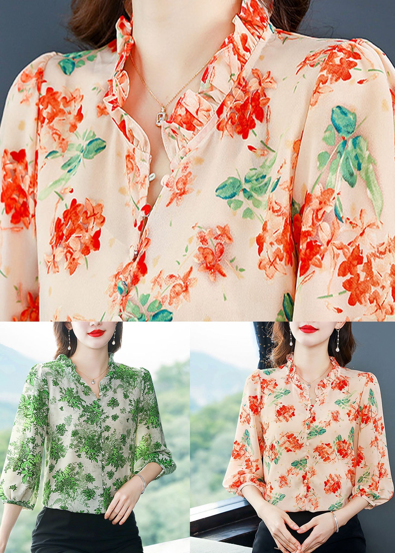 Art Green Ruffled Patchwork Print Chiffon Shirt Top Summer LY0473