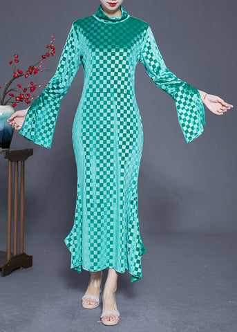 Art Green Stand Collar Plaid Side Open Silk Velour Long Dress Flare Sleeve LY1841
