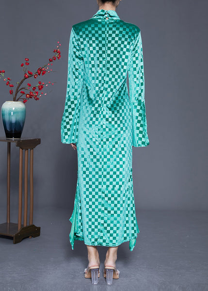 Art Green Stand Collar Plaid Side Open Silk Velour Long Dress Flare Sleeve LY1841