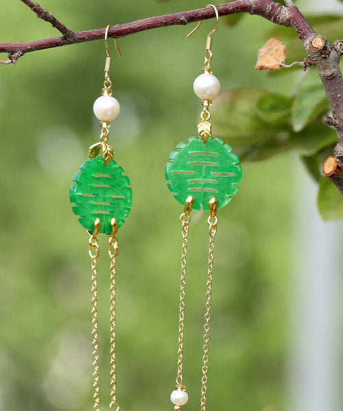 Art Green Sterling Silver Overgild Dry Green Pearl Jade Drop Earrings TW1037