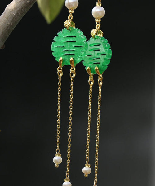 Art Green Sterling Silver Overgild Dry Green Pearl Jade Drop Earrings TW1037
