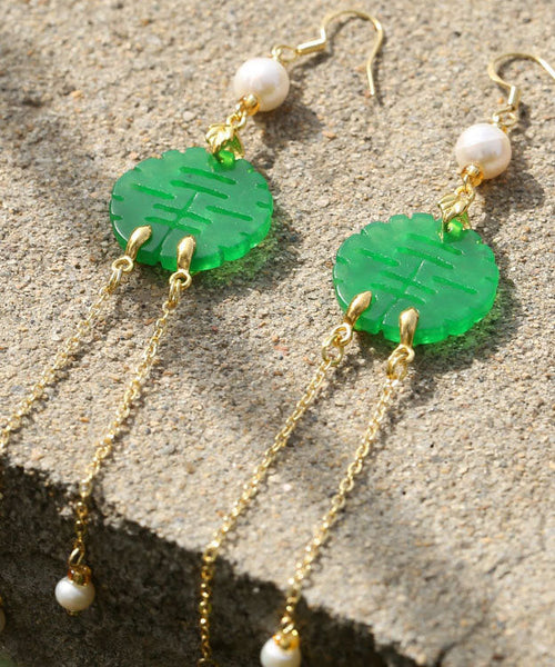 Art Green Sterling Silver Overgild Dry Green Pearl Jade Drop Earrings TW1037