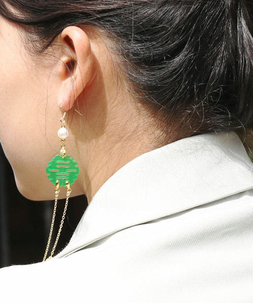 Art Green Sterling Silver Overgild Dry Green Pearl Jade Drop Earrings TW1037