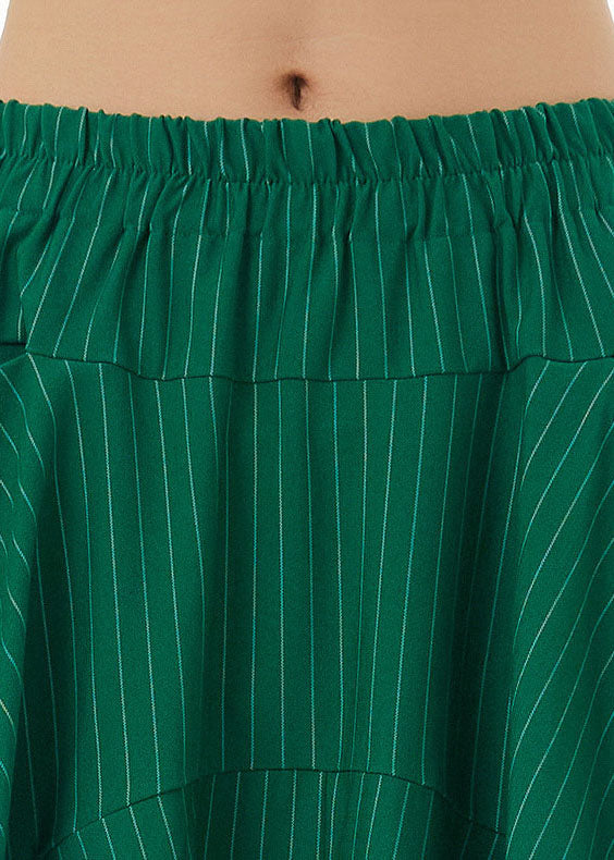 Art Green Striped Pockets Wrinkled Patchwork Cotton Wide Leg Pants Spring LY1147