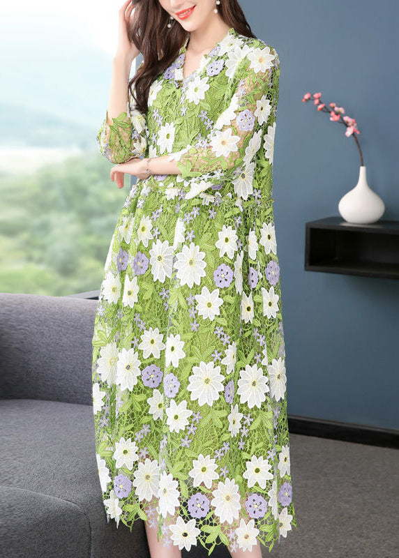 Art Green V Neck Floral Embroideried Lace Dress Half Sleeve LY1011