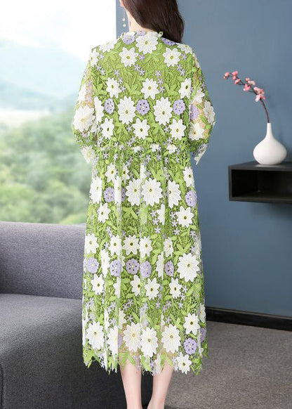 Art Green V Neck Floral Embroideried Lace Dress Half Sleeve LY1011