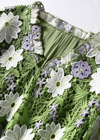 Art Green V Neck Floral Embroideried Lace Dress Half Sleeve LY1011