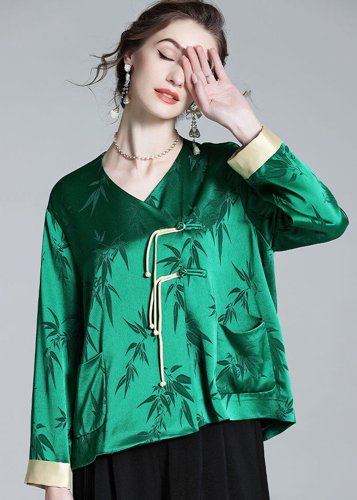 Art Green V Neck Tasseled Jacquard Patchwork Silk Tops Spring LY0115