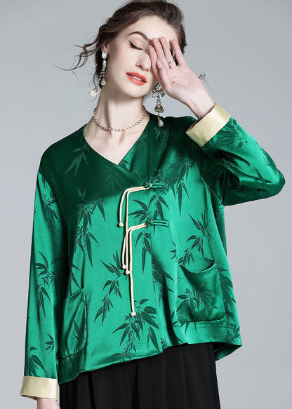 Art Green V Neck Tasseled Jacquard Patchwork Silk Tops Spring LY0115