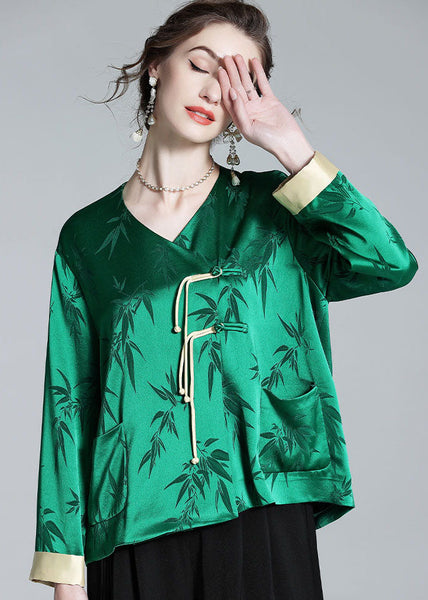 Art Green V Neck Tasseled Jacquard Patchwork Silk Tops Spring LY0115