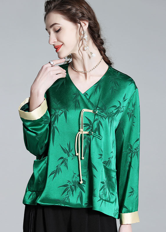 Art Green V Neck Tasseled Jacquard Patchwork Silk Tops Spring LY0115