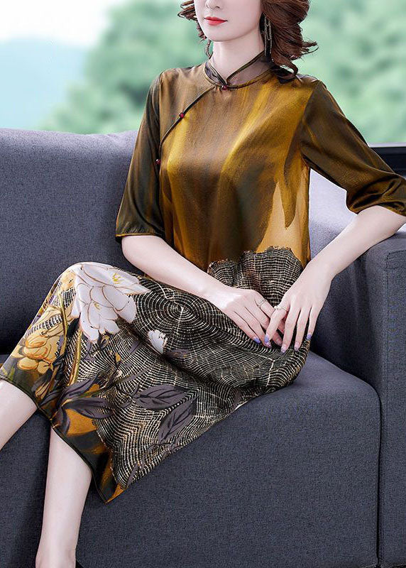 Art Khaki Mandarin Collar Print Silk Dresses Half Sleeve LY1712