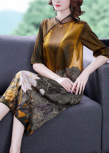 Art Khaki Mandarin Collar Print Silk Dresses Half Sleeve LY1712