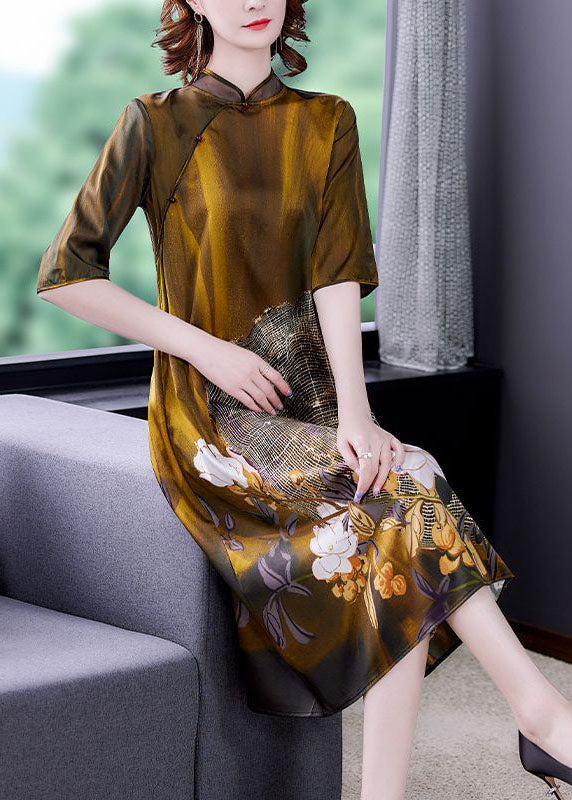 Art Khaki Mandarin Collar Print Silk Dresses Half Sleeve LC0198