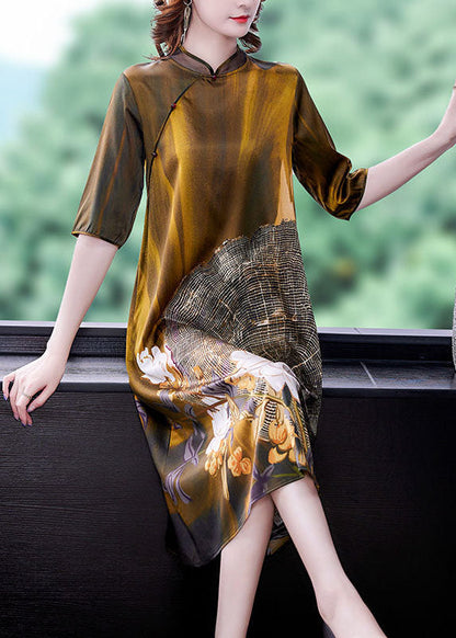 Art Khaki Mandarin Collar Print Silk Dresses Half Sleeve LC0198