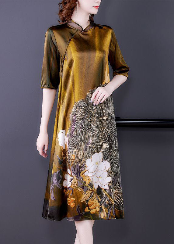 Art Khaki Mandarin Collar Print Silk Dresses Half Sleeve LC0198