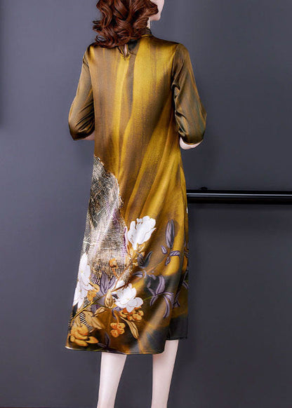 Art Khaki Mandarin Collar Print Silk Dresses Half Sleeve LC0198