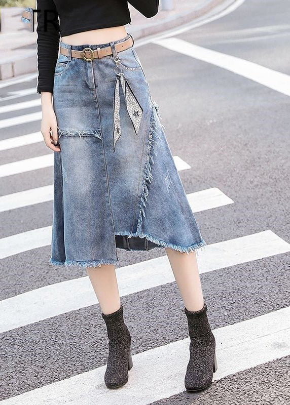 Art Light Blue Asymmetrical Patchwork High Waist Denim Skirt Summer TY1092