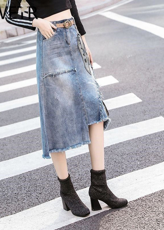 Art Light Blue Asymmetrical Patchwork High Waist Denim Skirt Summer TY1092