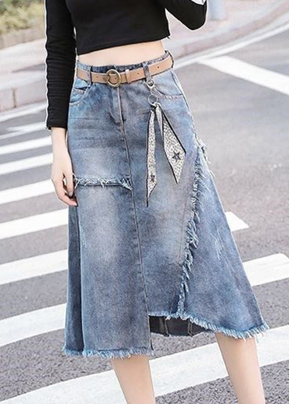 Art Light Blue Asymmetrical Patchwork High Waist Denim Skirt Summer TY1092