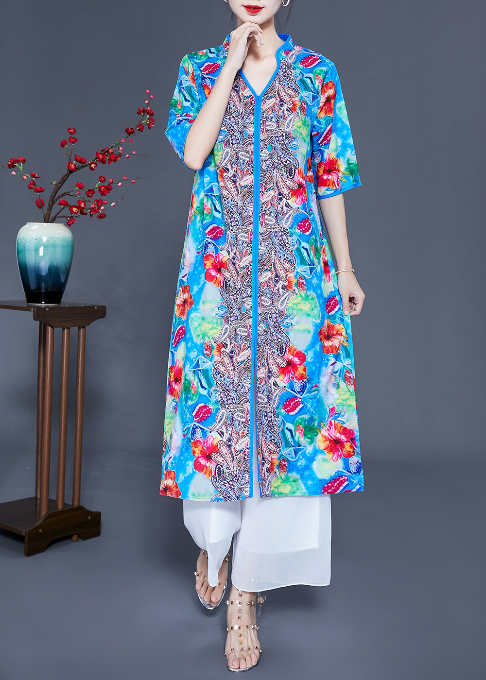 Art Light Blue V Neck Patchwork Print Side Open Silk Beach Dresses Summer LY0925