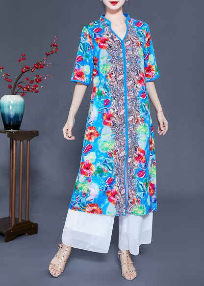 Art Light Blue V Neck Patchwork Print Side Open Silk Beach Dresses Summer LY0925