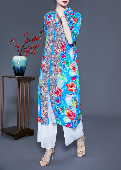 Art Light Blue V Neck Patchwork Print Side Open Silk Beach Dresses Summer LY0925