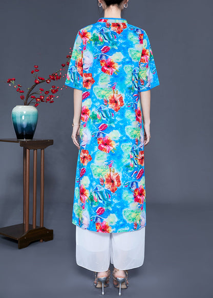 Art Light Blue V Neck Patchwork Print Side Open Silk Beach Dresses Summer LY0925