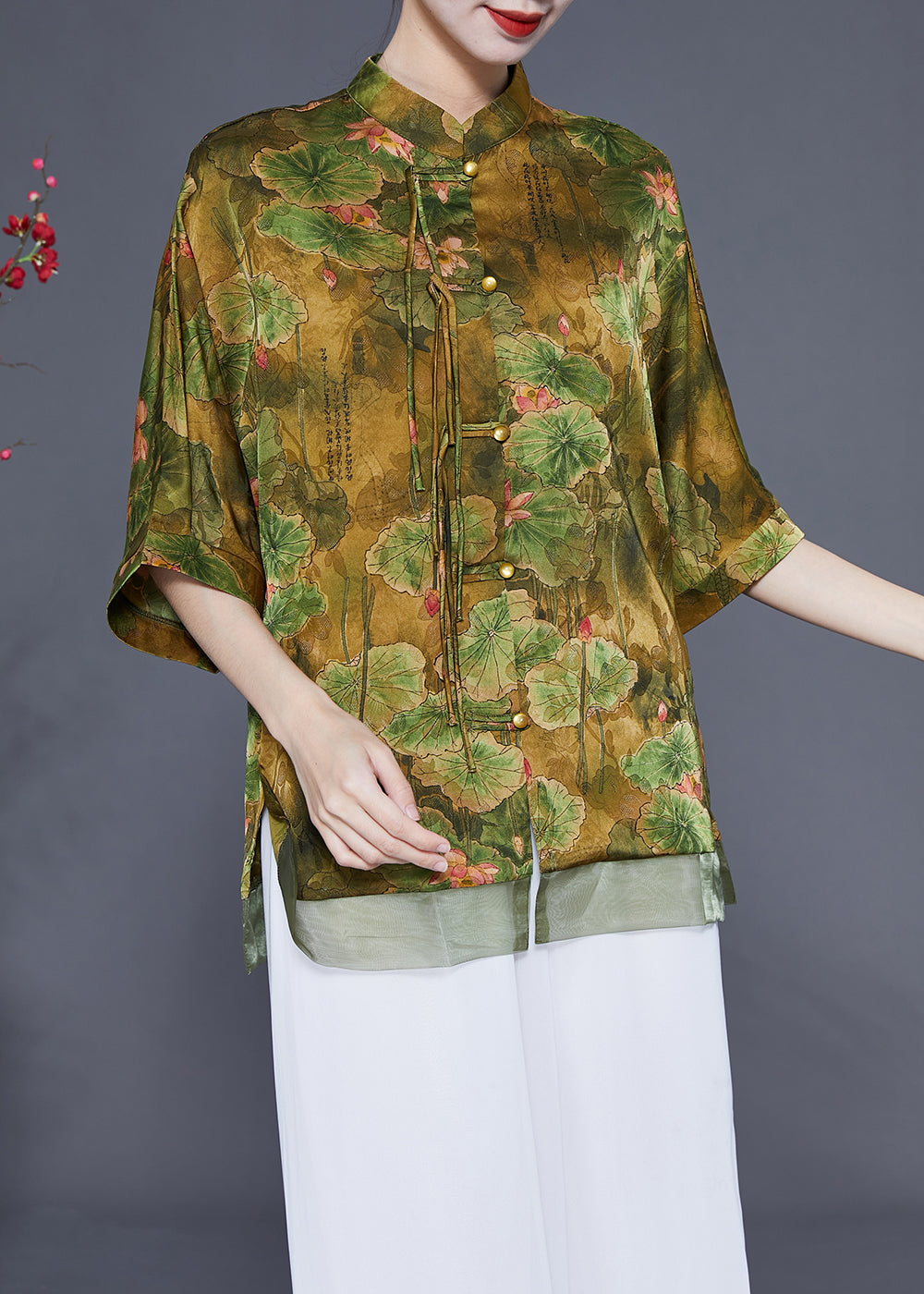 Art Light Green Stand Collar Patchwork Print Tassel Silk Top Half Sleeve LY1776