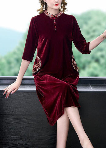 Art Mulberry Mandarin Collar Embroideried Silk Velour A Line Dress Half Sleeve LY1675