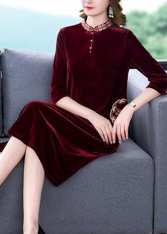 Art Mulberry Mandarin Collar Embroideried Silk Velour A Line Dress Half Sleeve LC0207