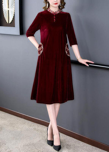 Art Mulberry Mandarin Collar Embroideried Silk Velour A Line Dress Half Sleeve LY1675
