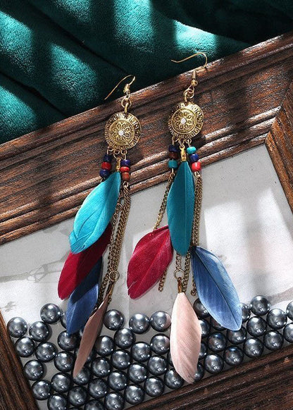 Art Multicolour Feather Tassel Copper National Style Drop Earrings HE1026