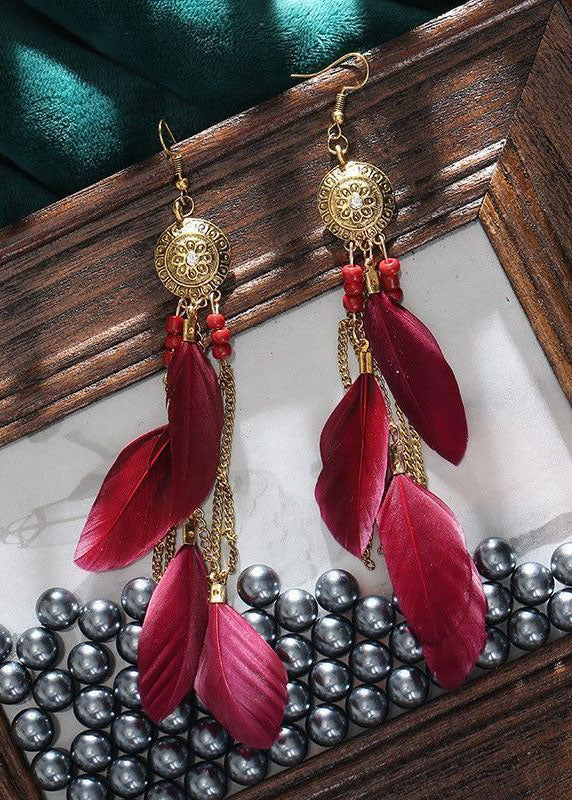 Art Multicolour Feather Tassel Copper National Style Drop Earrings HE1026