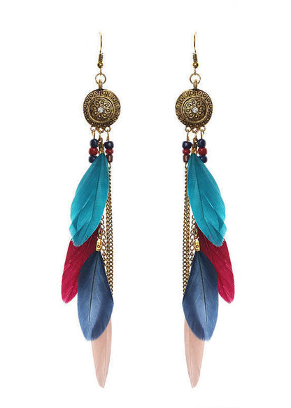 Art Multicolour Feather Tassel Copper National Style Drop Earrings HE1026