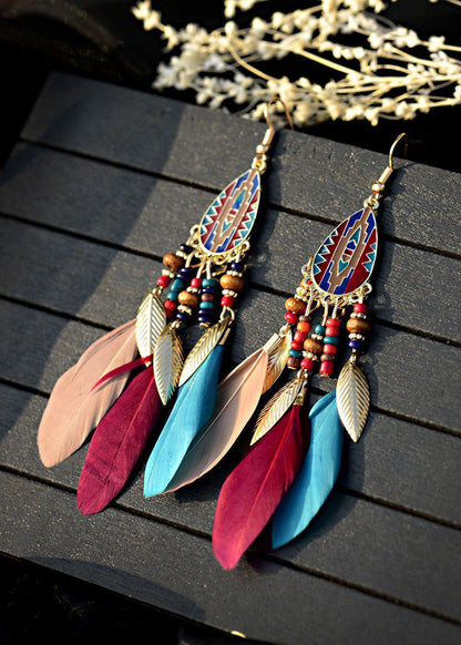 Art Multicolour Feather Tassel Metal Drop Earrings HE1021