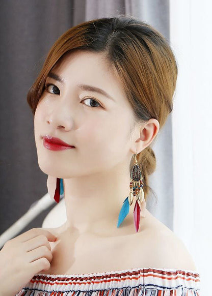 Art Multicolour Feather Tassel Metal Drop Earrings HE1021