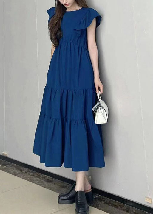 Art Navy Slim Fit Patchwork Wrinkled Cotton Long Dress Petal Sleeve LY1348